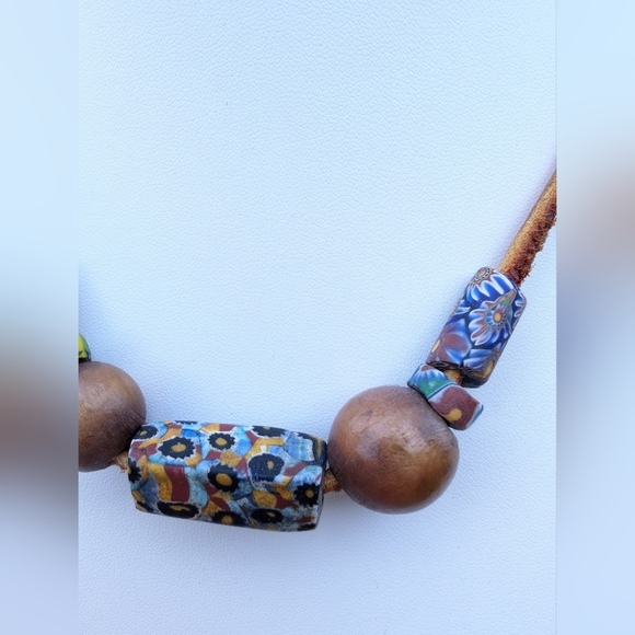 Vintage Venetian Millefiori & Wood Beads Leather Strap Choker Necklace - Picture 3 of 5